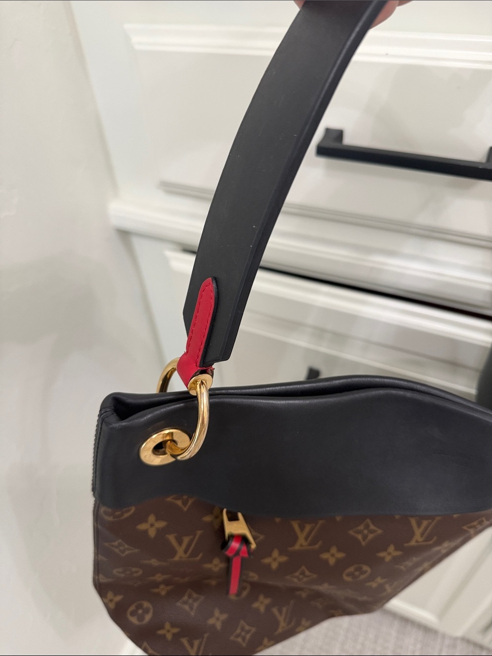 Tuileries Hobo Monogram Canvas Shoulder Bag with Black Trim and Red Accents - Picture 6 of 8